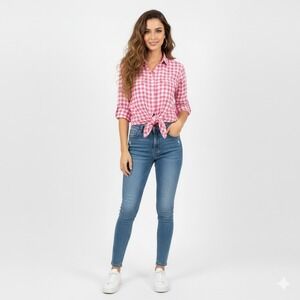 Jones New York‎ Blouse Womens M Pink White Gingham Check Tie Front Lightweight